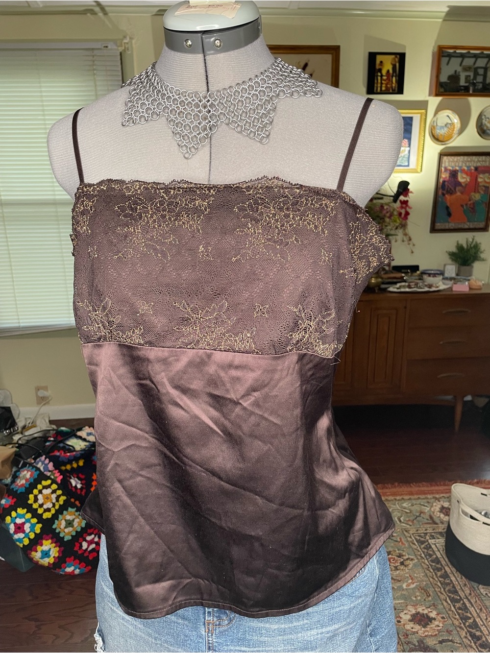 New York & Company Brown Satin Camisole with Gold Embroidery - Picture 5 of 6